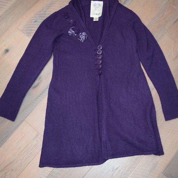 Women M Vintage Glam Long Open Flyaway Cardigan Hooded Bead Flowers Satin G15 - Picture 5 of 10